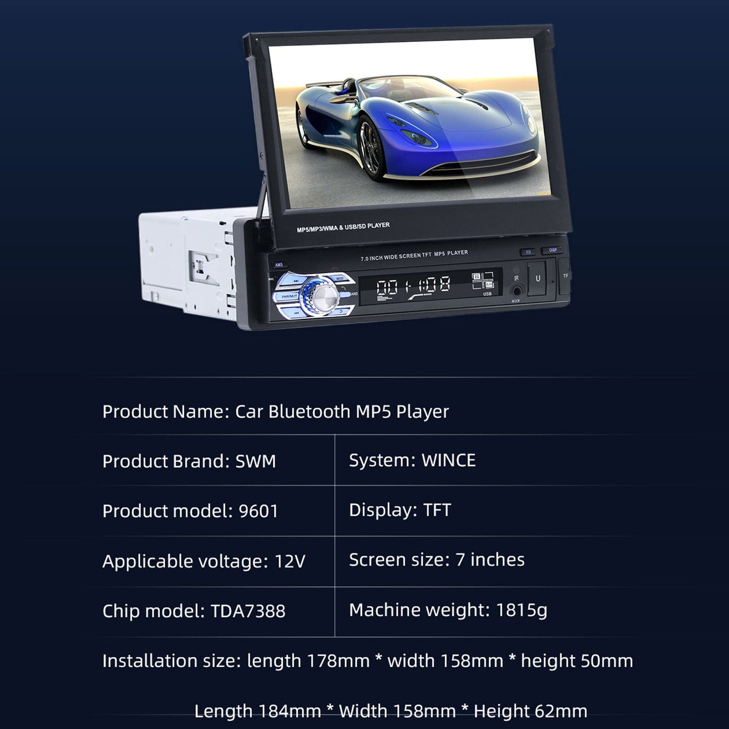 7" 1Din Teleskop-Touchscreen Autoradio Stereo MP5 Player BT/USB/AUX mit Kamera