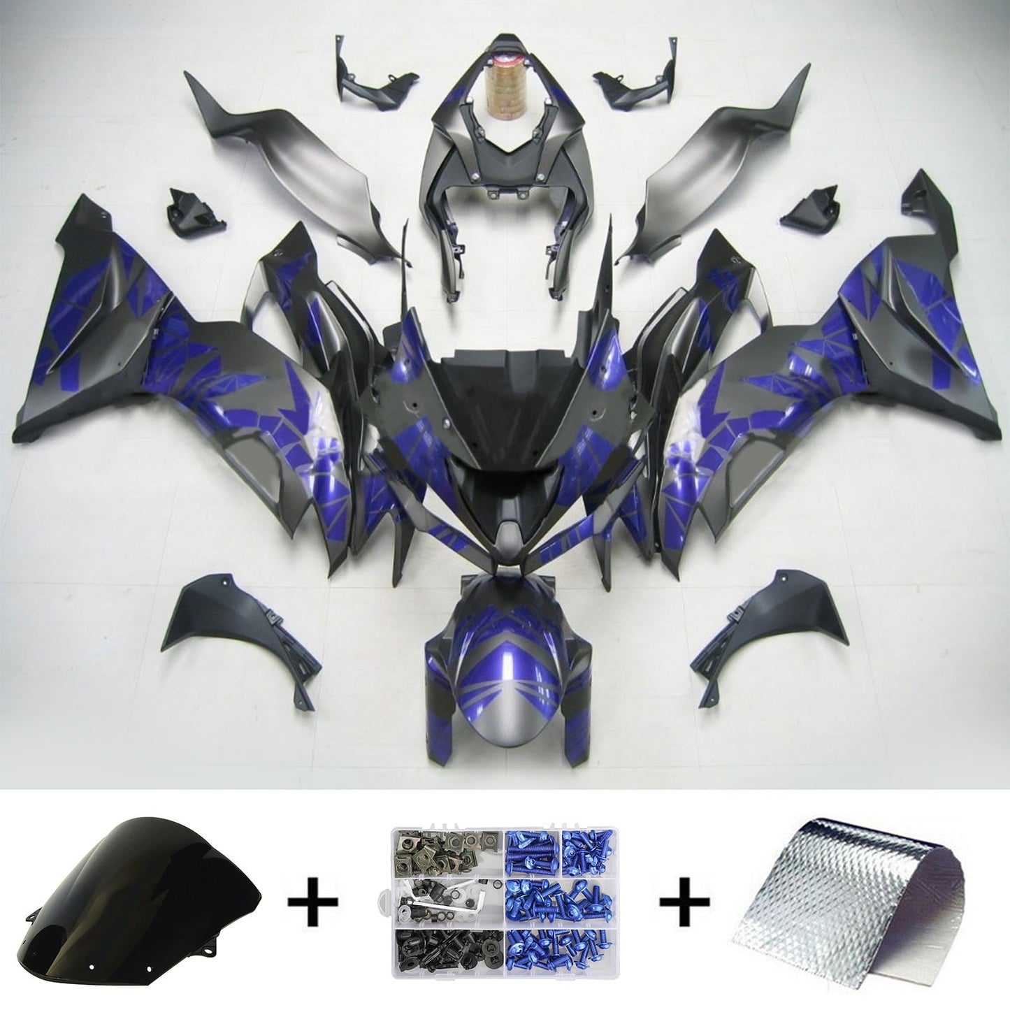 Amotopart Kawasaki ZX6R 2019-2020 Matt Black & Blue Decal Fairing Kit