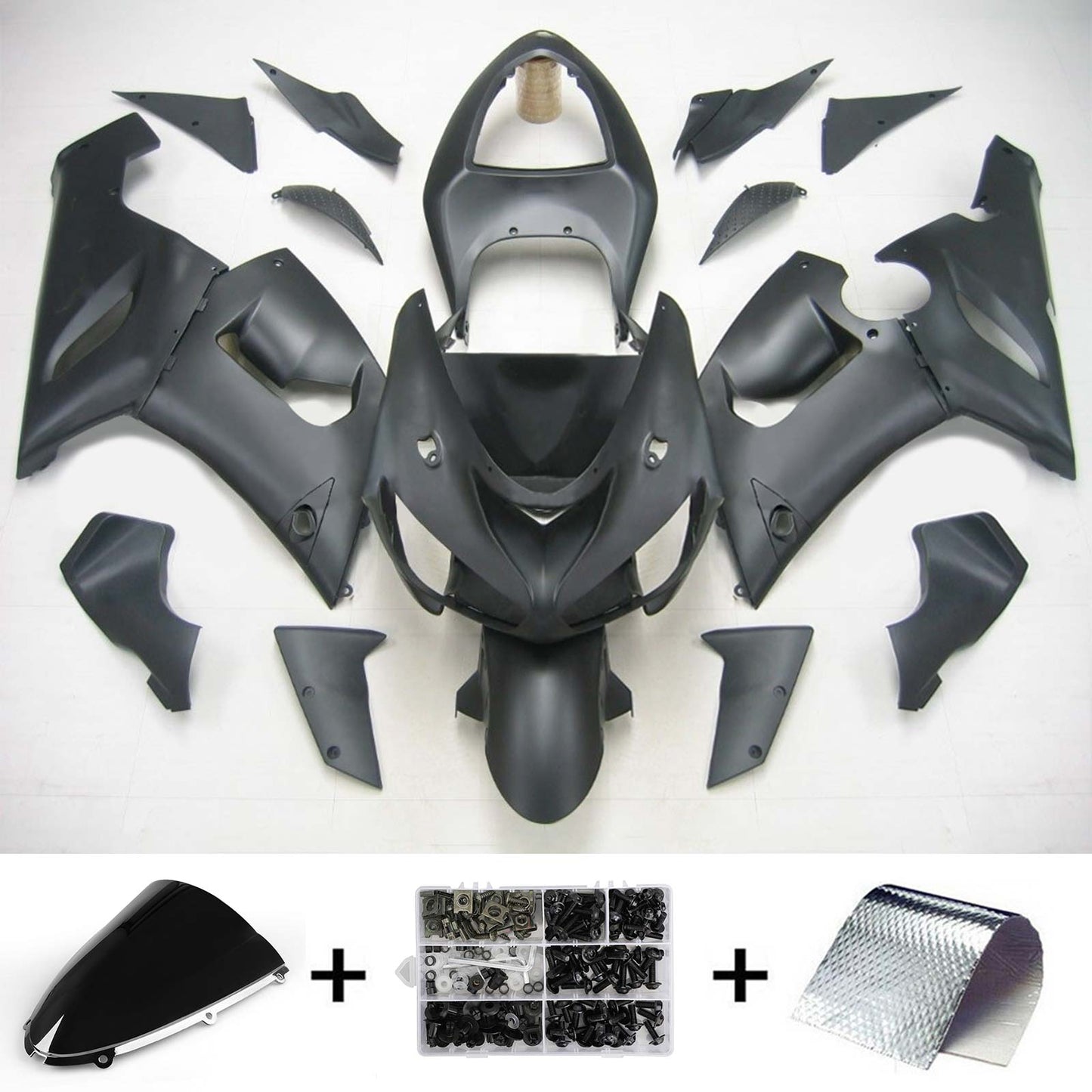 Amotopart Kawasaki 2005-2006 ZX6R 636 Mattes Black Fearing Kit