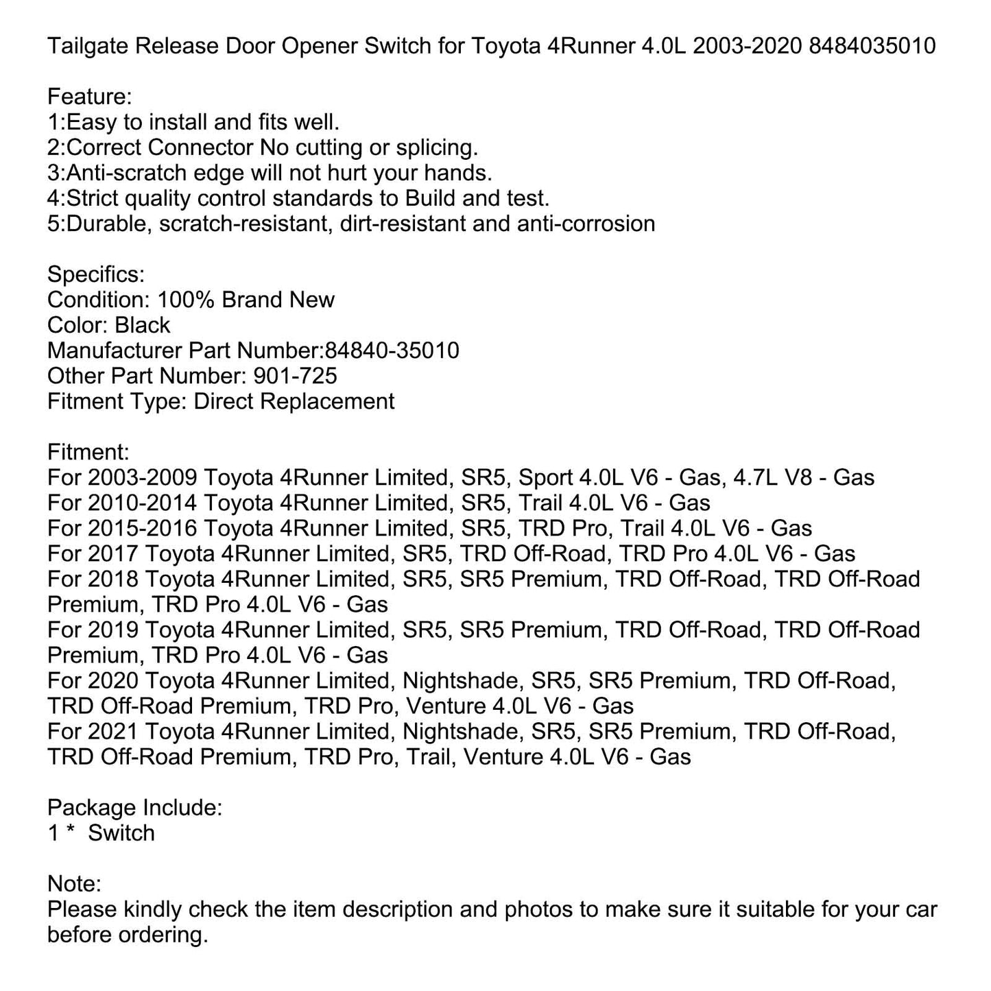 Commutateur d'ouverture de porte de dégagement de hayon pour Toyota 4Runner 4.0L 2003-2020 8484035010 générique