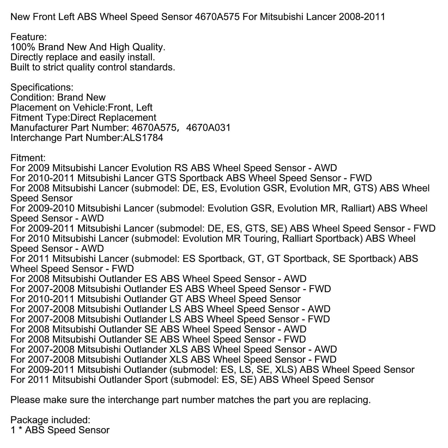 Nouveau capteur de vitesse de roue ABS avant gauche 4670A575 pour Mitsubishi Lancer 2008-2011