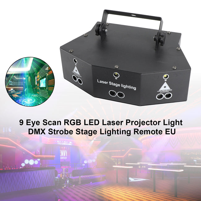 9 Eye Scan RGB LED Laser Licht DMX Strobe Bühnenbeleuchtung Fernbedienung EU