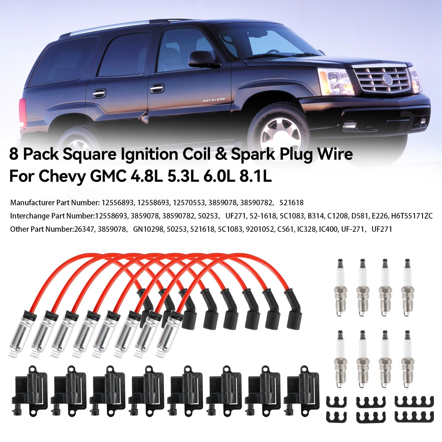 2001–2007, Mercruiser, alle Modelle, GMC Sierra 3500, Chevrolet Silverado 3500, 8 Stück quadratische Zündspule und Zündkerzenkabel