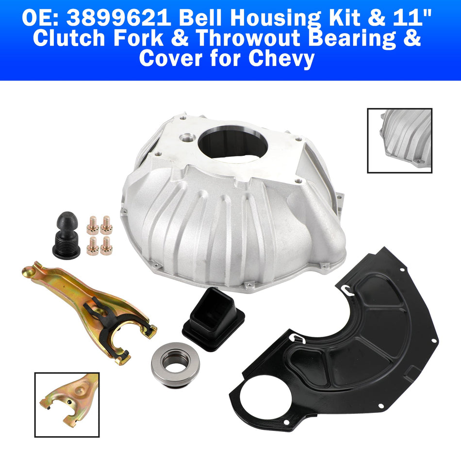 3899621 1959-1988 Chevy Impala, Caprice, Bel Air, Biscayne, Brookwood, Kingswood, Nomad, Sedan Comprend* un ensemble de boîtiers de cloche et une fourchette d'embrayage de 11 po, un roulement de débrayage et un couvercle Fedex Express