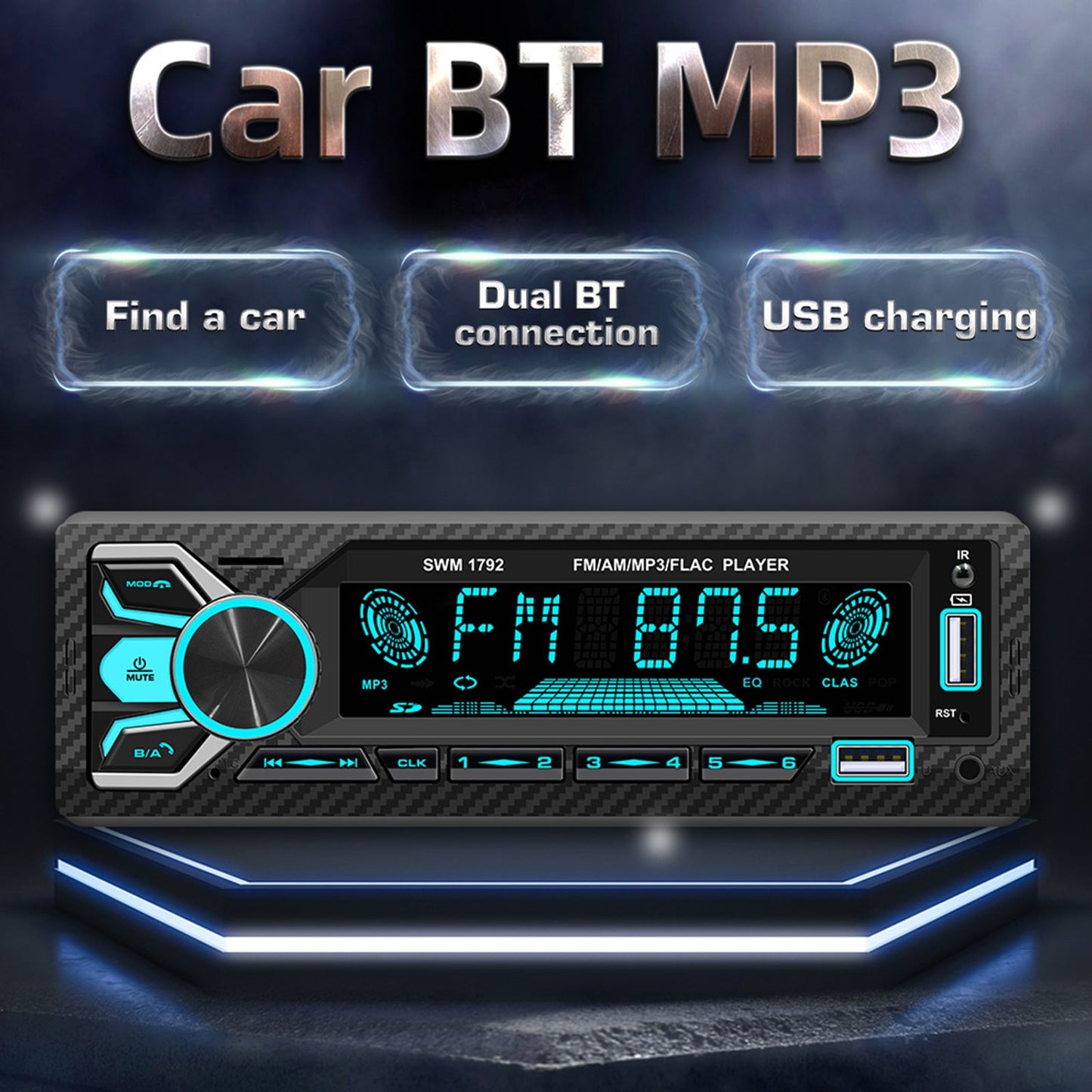 Dual-Bluetooth-Auto-Einzelspindel-Radio, bunte Musik, USB-Karte, Auto-MP3-Player