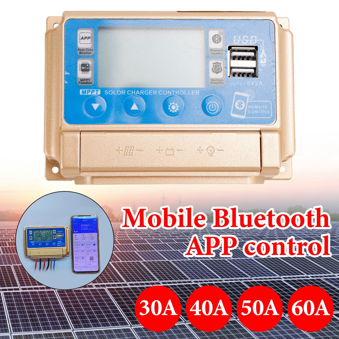 30A-60A MPPT Bluetooth Solarladeregler Ladegerät Passend für 12V/24V Batterie Gold
