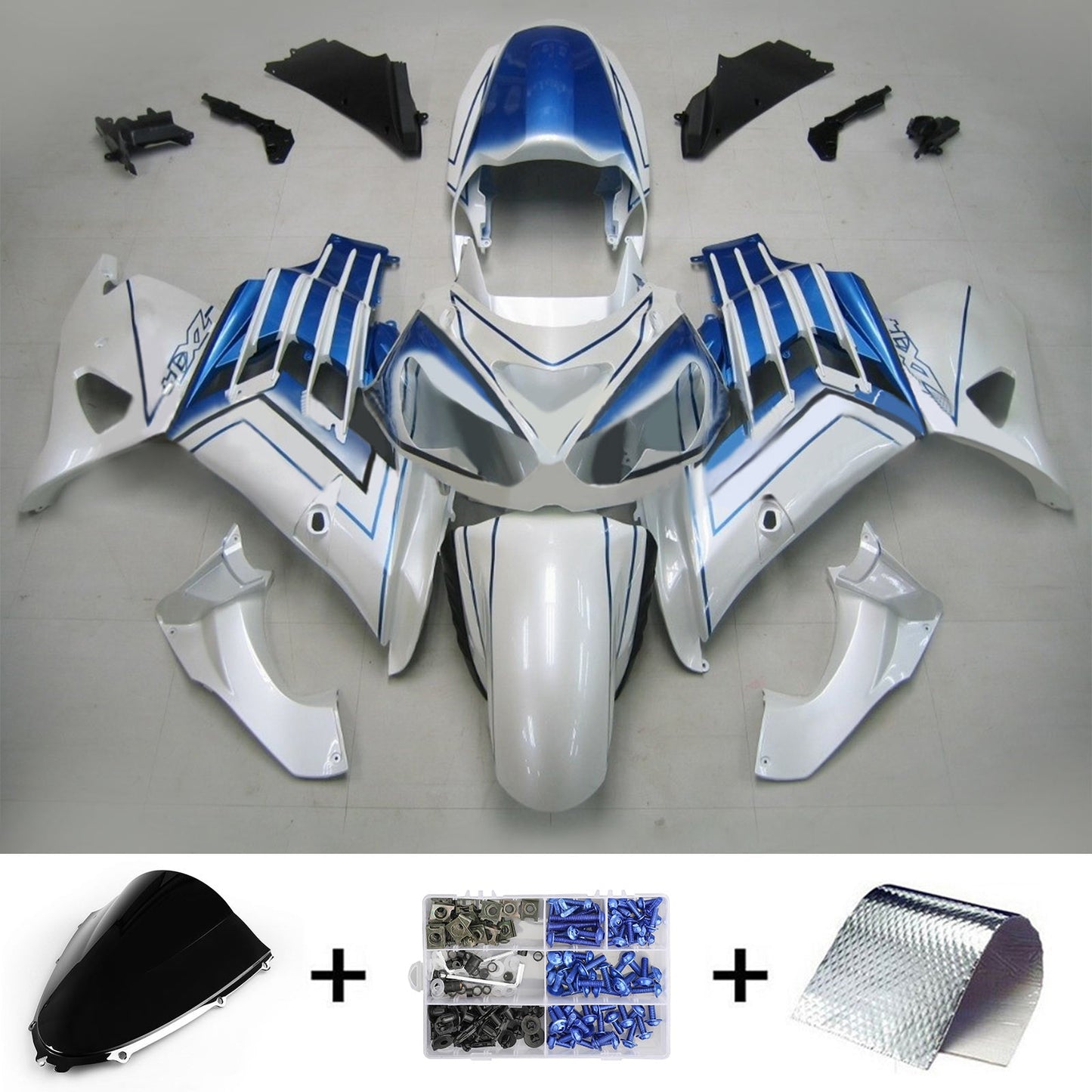 Amotopart Kawasaki 2012-2021 ZX14R White Blue Fairing Kit