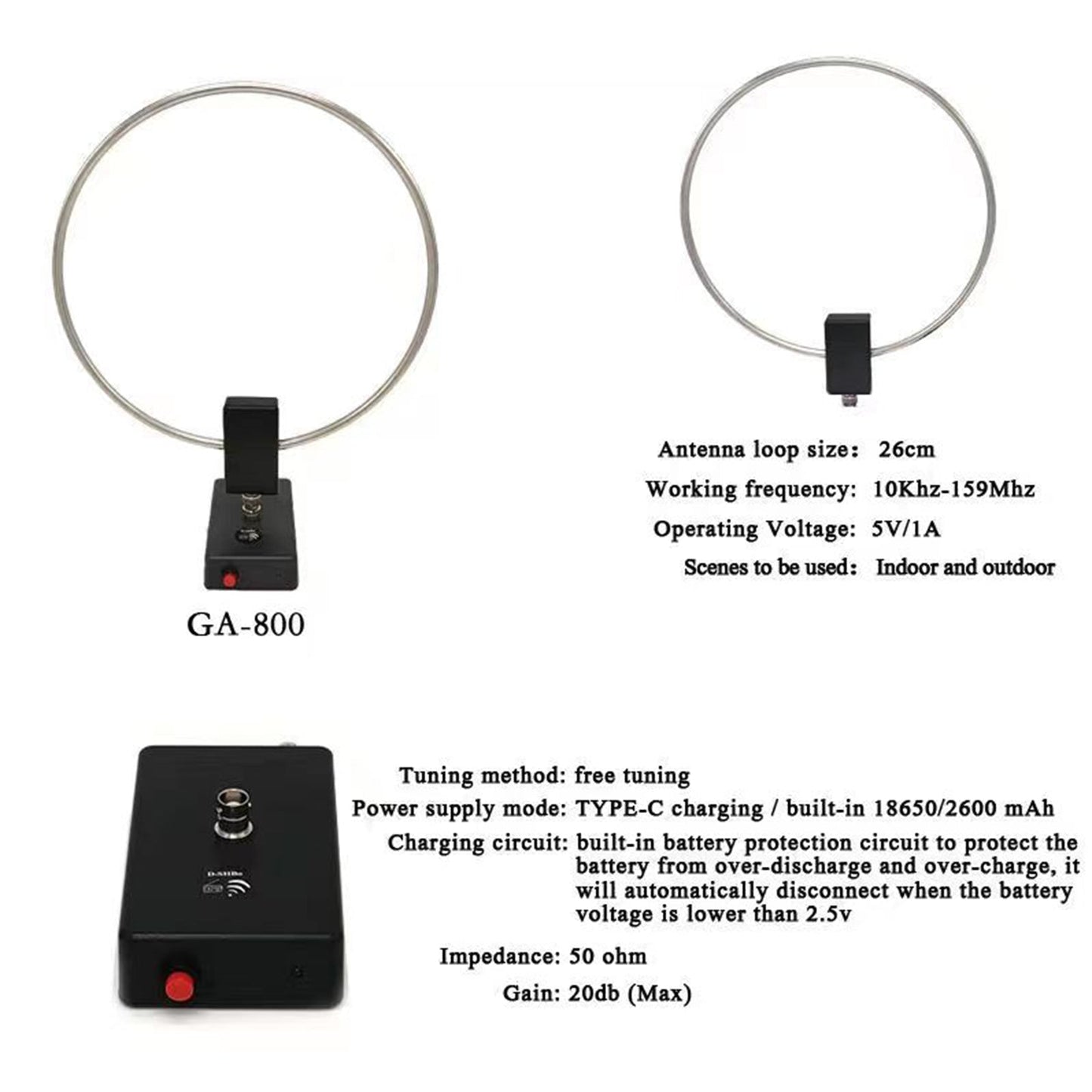 GA-800 Aktive Schleifenantenne Kurzwellenantenne 10KHz-159MHz HF-Antenne für Funkgeräte