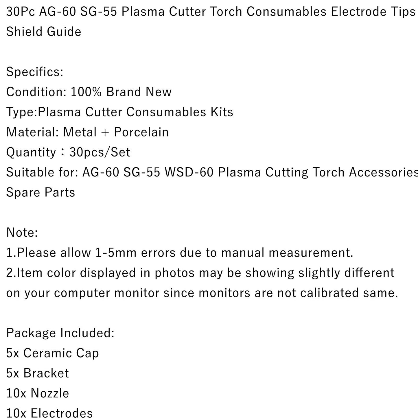 Areyourshop 30 Stück AG-60 SG-55 Plasmaschneider, Verbrauchsmaterialien, Elektrodenspitzen, Schildführung