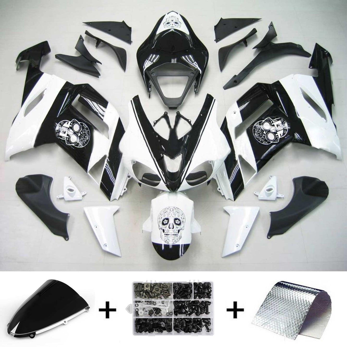 Amotopart Kawasaki 2007-2008 ZX6R 636 White Black Skull Fearing Kit