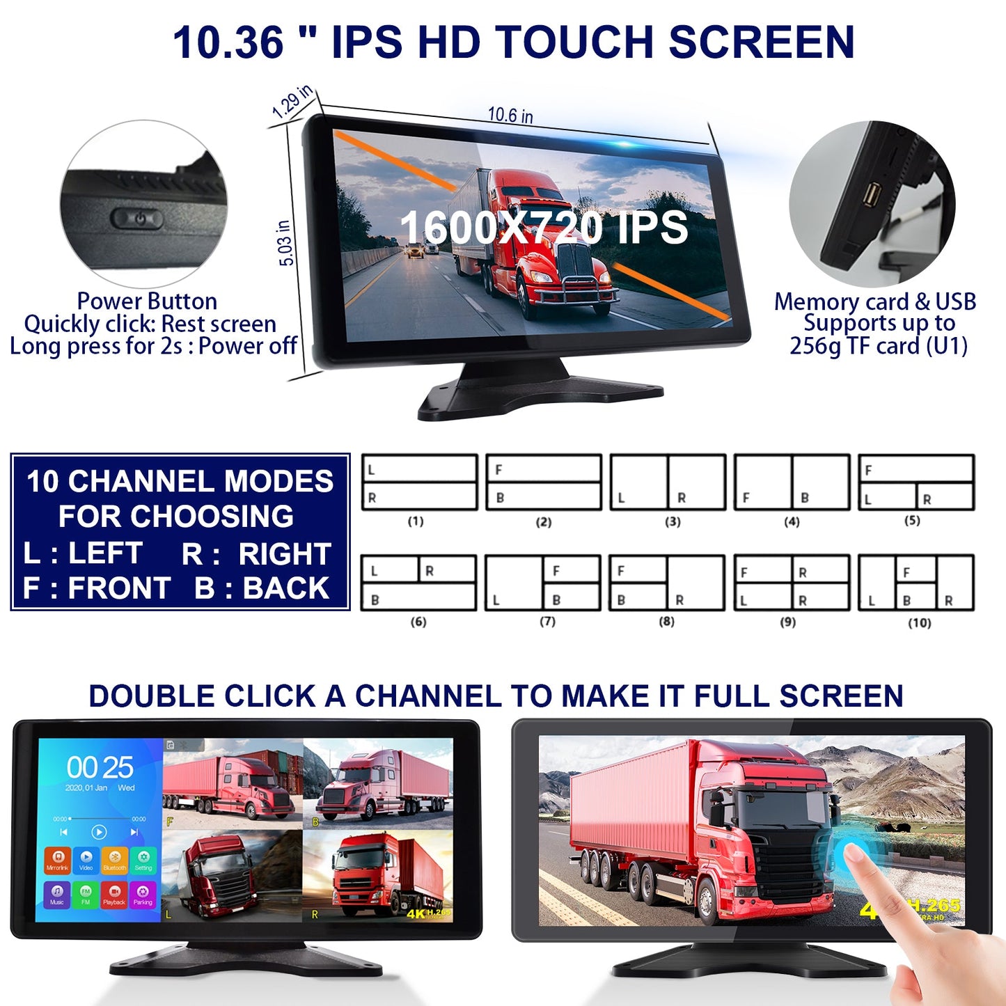 10.36 "moniteur DVR conduite enregistreur vidéo écran tactile pour RV camion Bus + 4 pièces caméra de recul Fedex Express