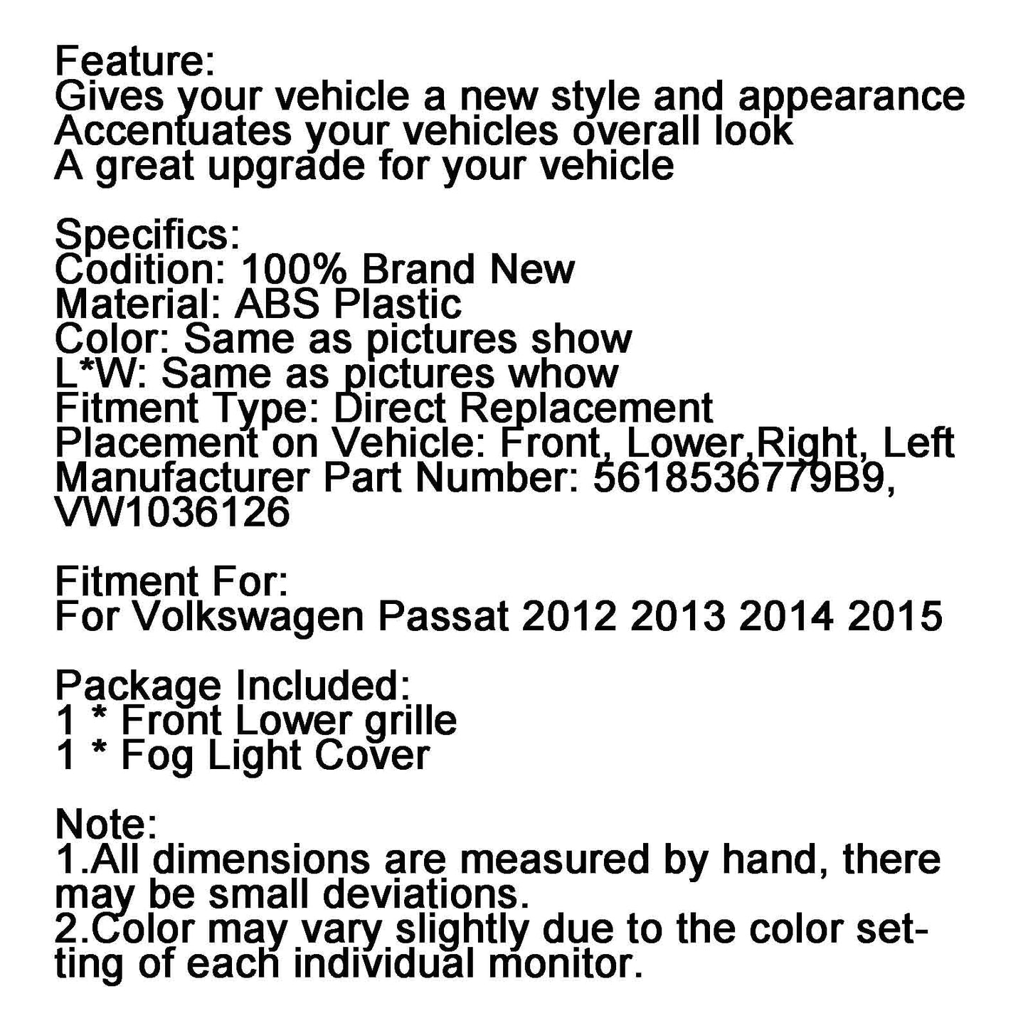 VW Passat 2012-2015 calandre inférieure calandre antibrouillard couvercle noir et chrome