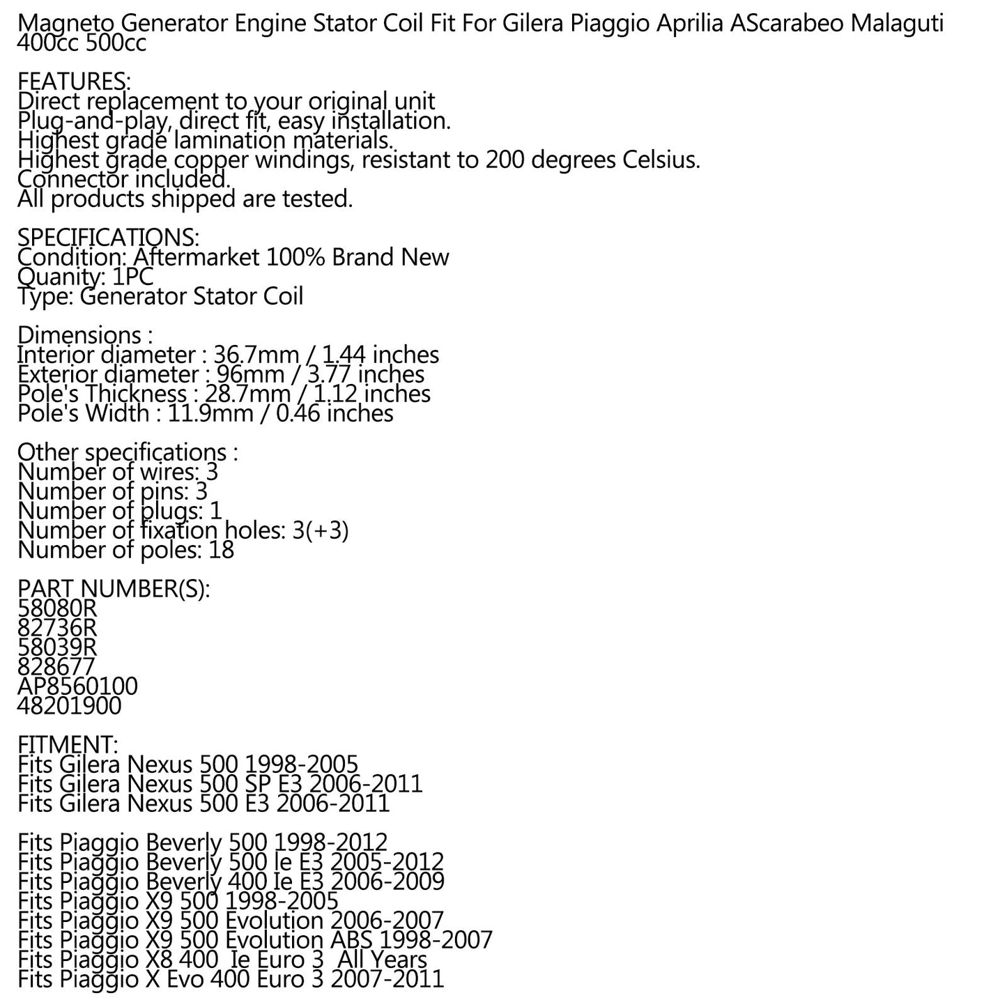 Générateur Magnéto Stator pour Gilera Nexus 500 1998-2011 58080R 82736R AP8560100 Générique