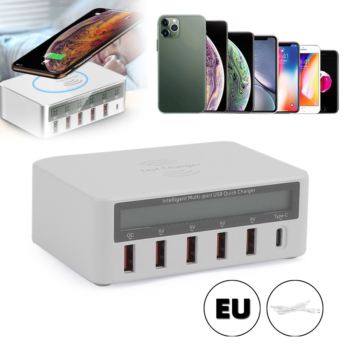 Multiport Quick USB Charger Station With Wireless Ladegerät LCD Display EU