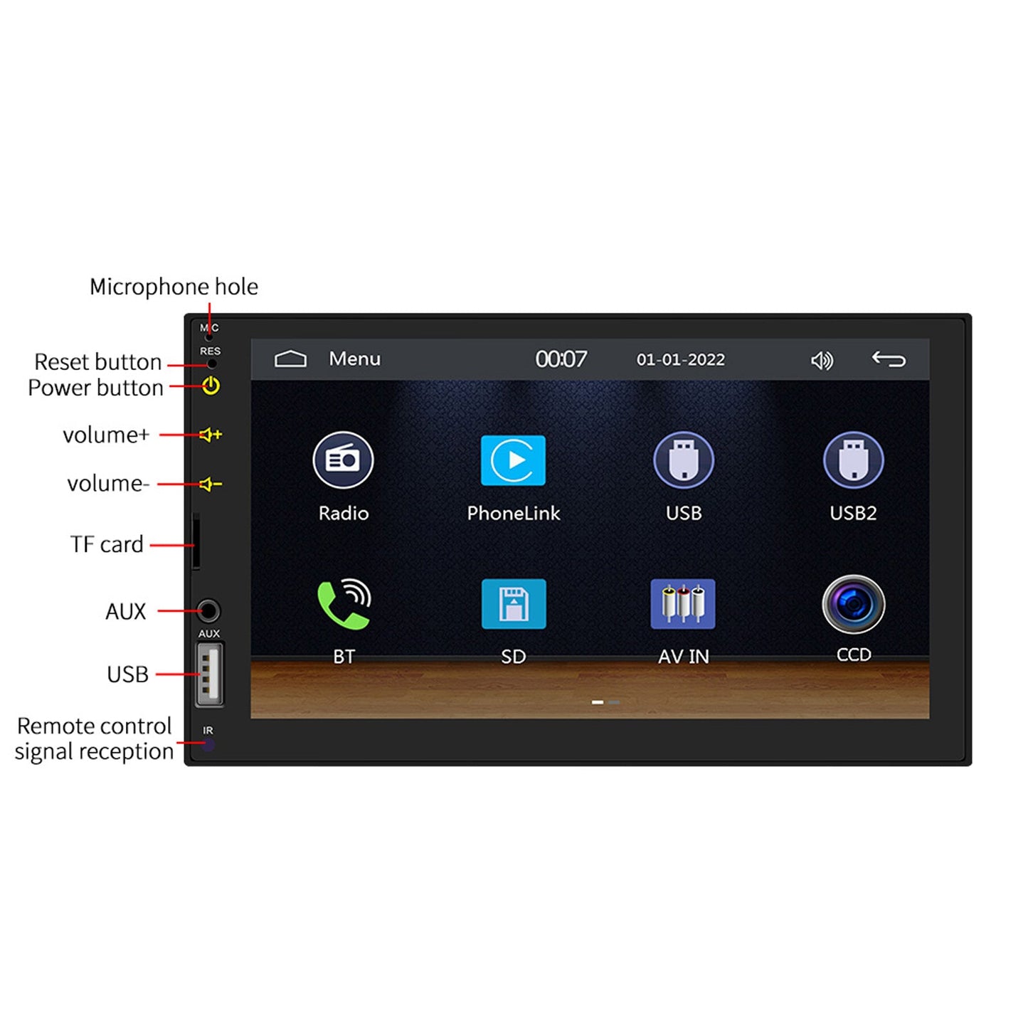 7" verkabelter Carplay-Auto-MP5-Player Bluetooth MP3-Autokartenradio + 4 LED-Kamera