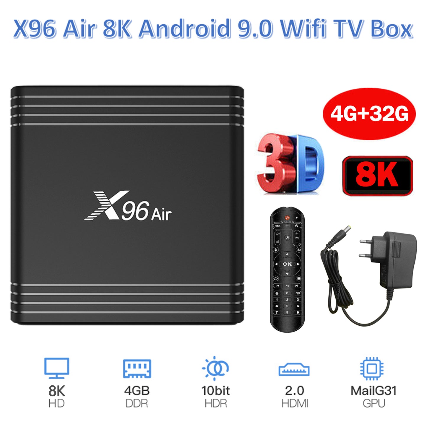 X96Air Android 9 32GB ROM 4GB RAM 8K WIFI Network Media Player TV BOX EU Plug