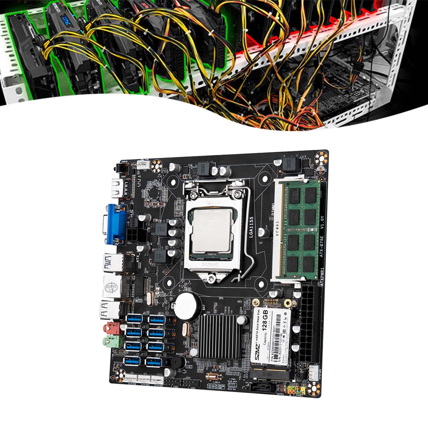 Mining-Motherboard mit integrierter CPU + DDR3-Speicher + MSATA-SSD + Lüfter-Expertenplatine