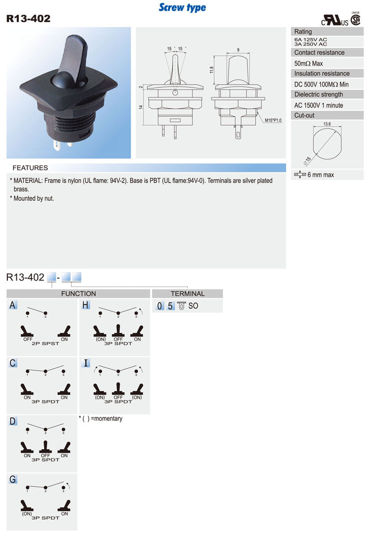 4 pièces R13-402C SPDT Interrupteur à bascule 3 broches 2 positions (On) -on 6A/125VAC 3A/250VAC