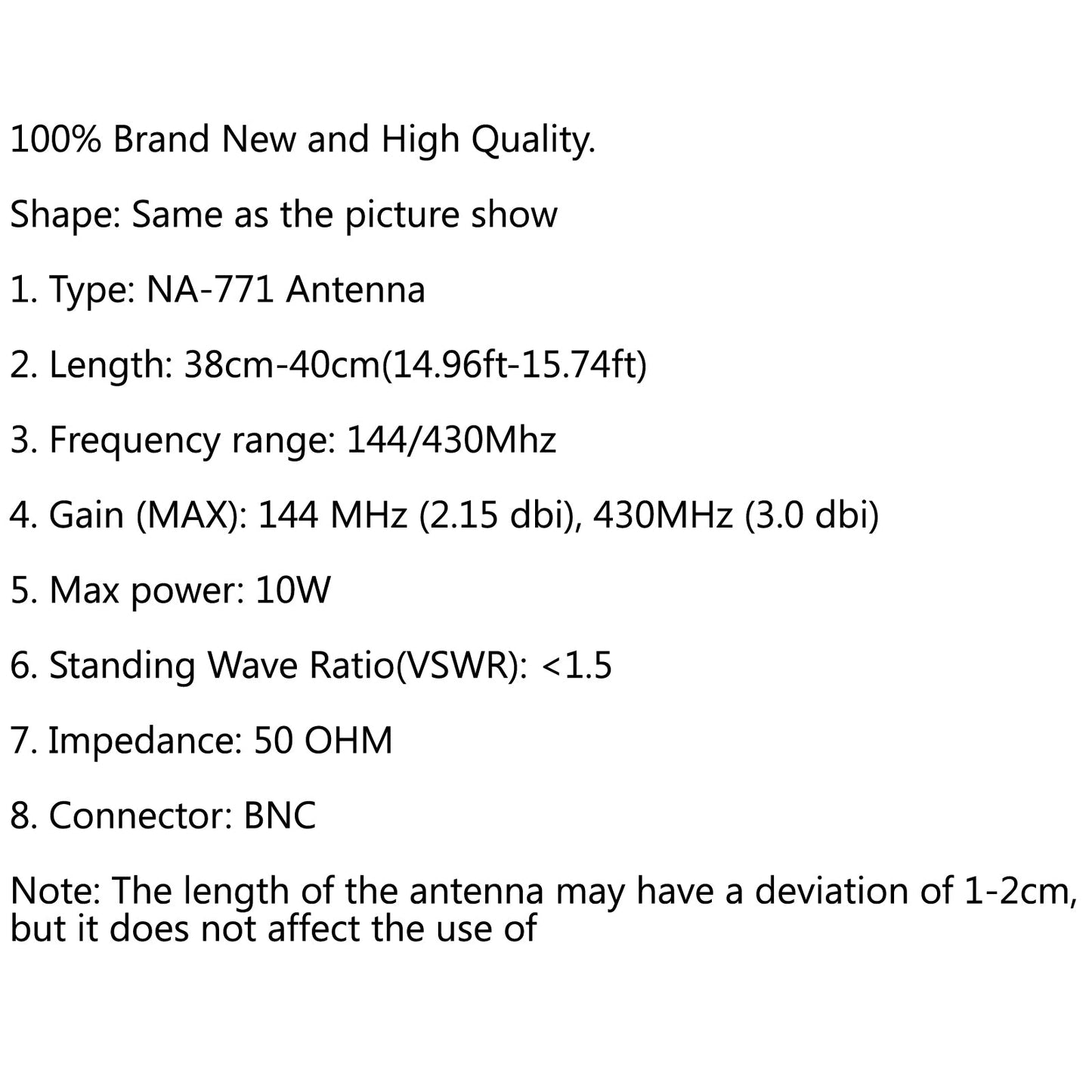 1 Stück Nagoya Na-771 BNC Dual-Band 144/430 MHz 2,15 dB Antenne für Icom Radio