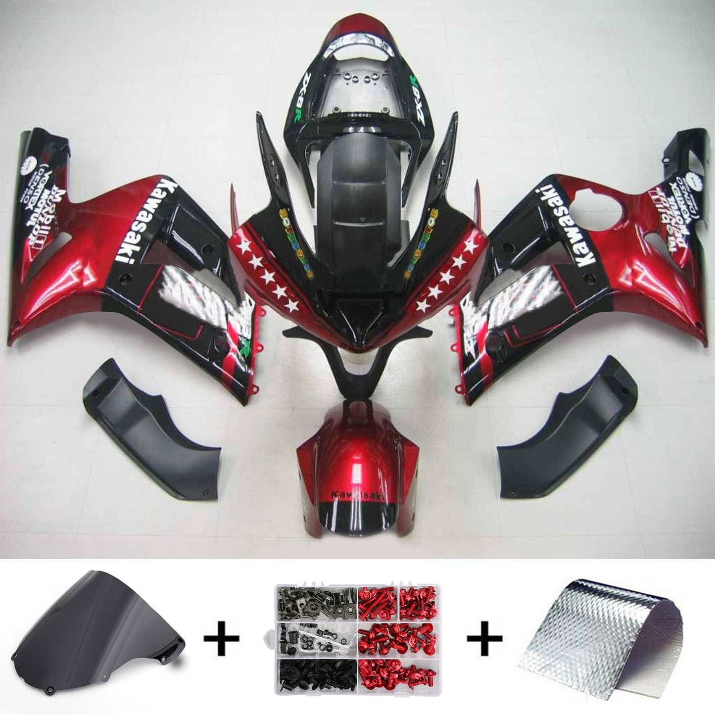 Amotopart 2003-2004 Kawasaki ZX6R 636 Gloss Black Red Fearing Kit