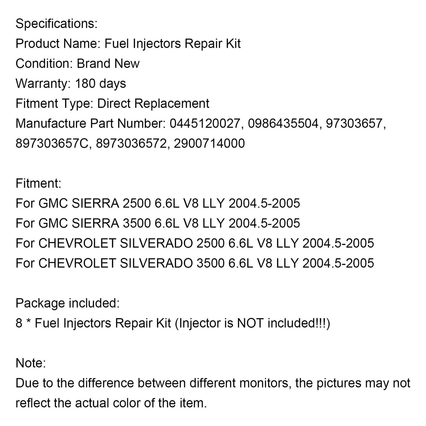 8-teiliges Reparaturset für Einspritzdüsen, passend für Chevy Fit GMC Duramax 6,6 l 2004–2005 Diesel