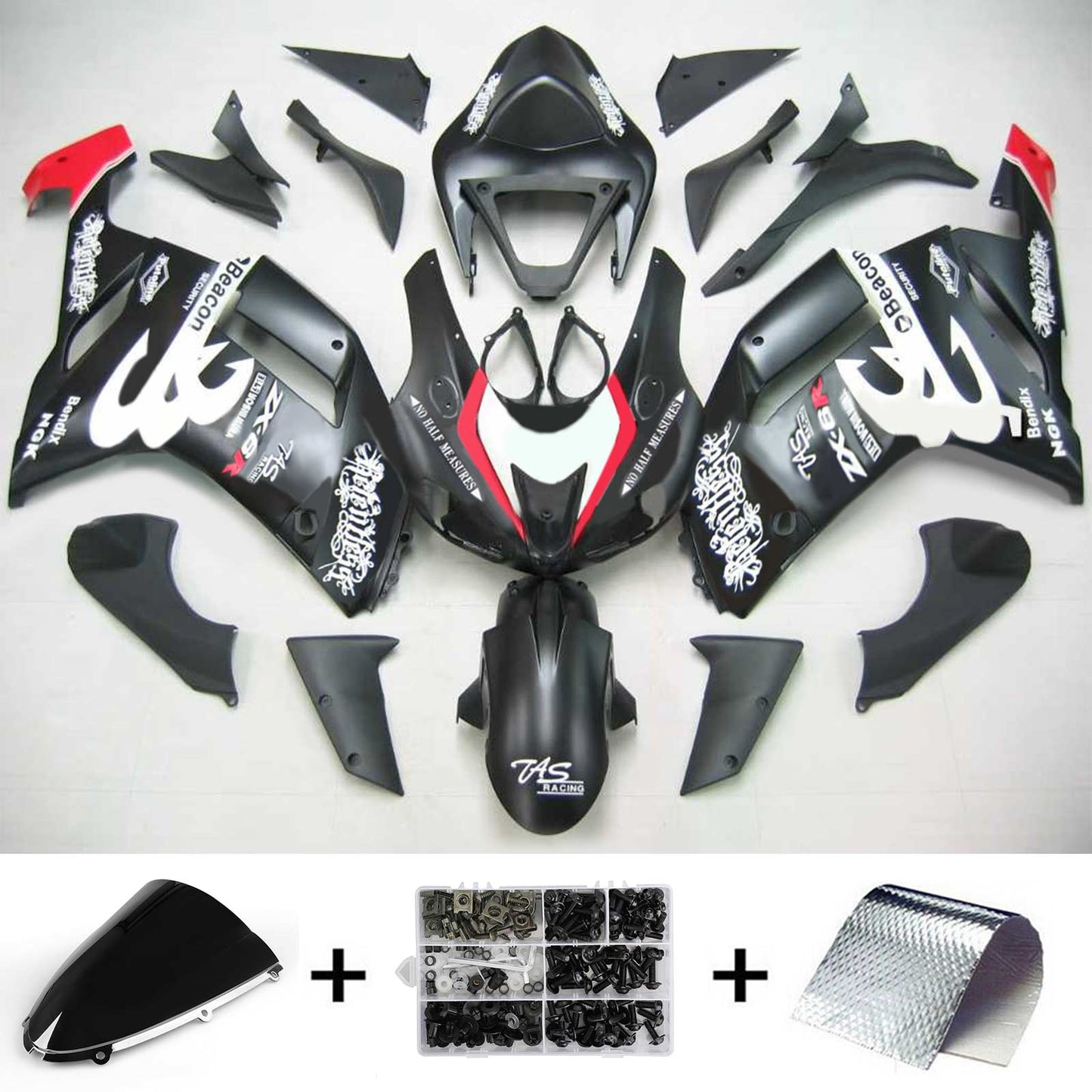 Amotopart Kawasaki 2007-2008 ZX6R 636 Kit déclencheur Logos Noir Blanc