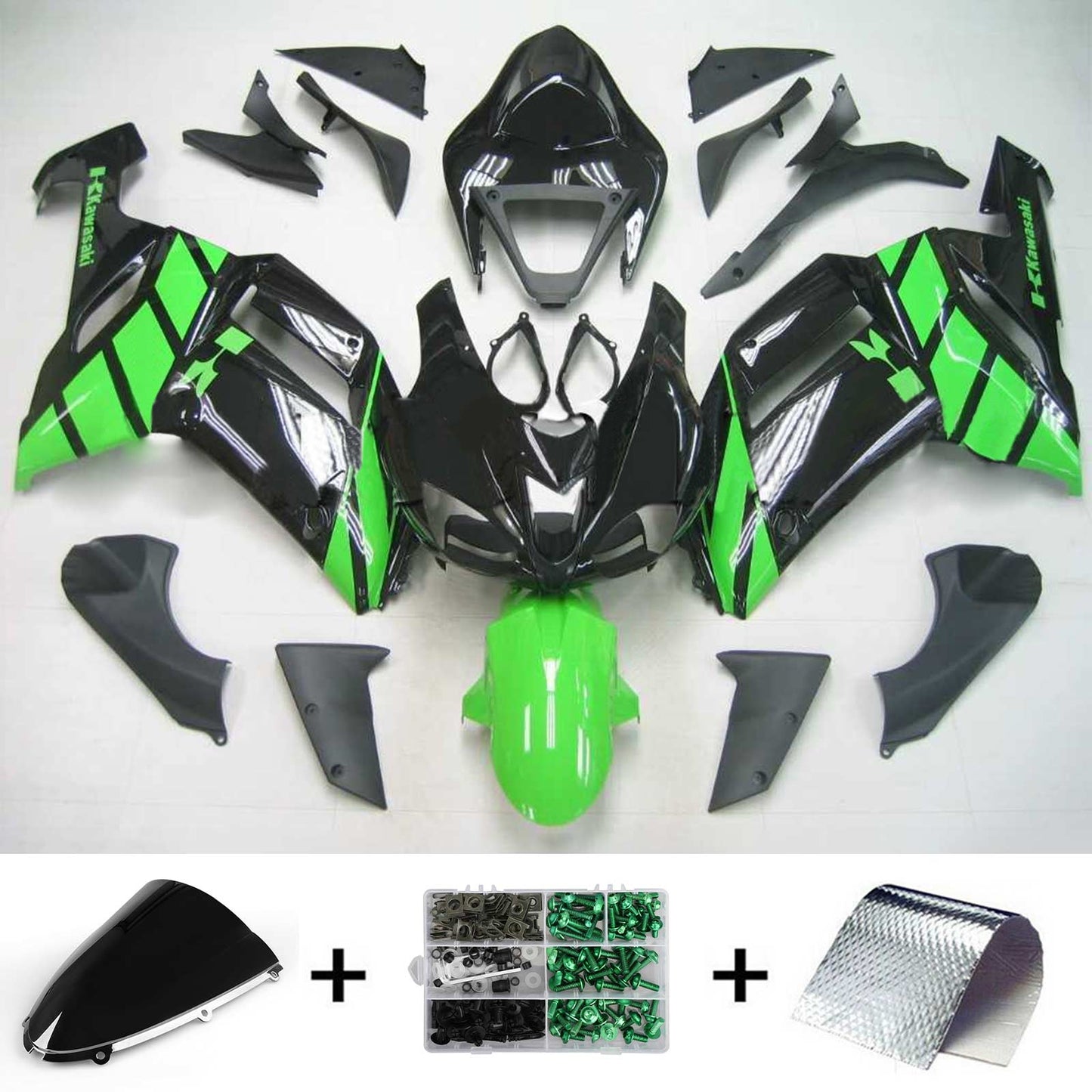 Amotopart Kawasaki 2007-2008 ZX6R 636 Kit de carénage noir vert