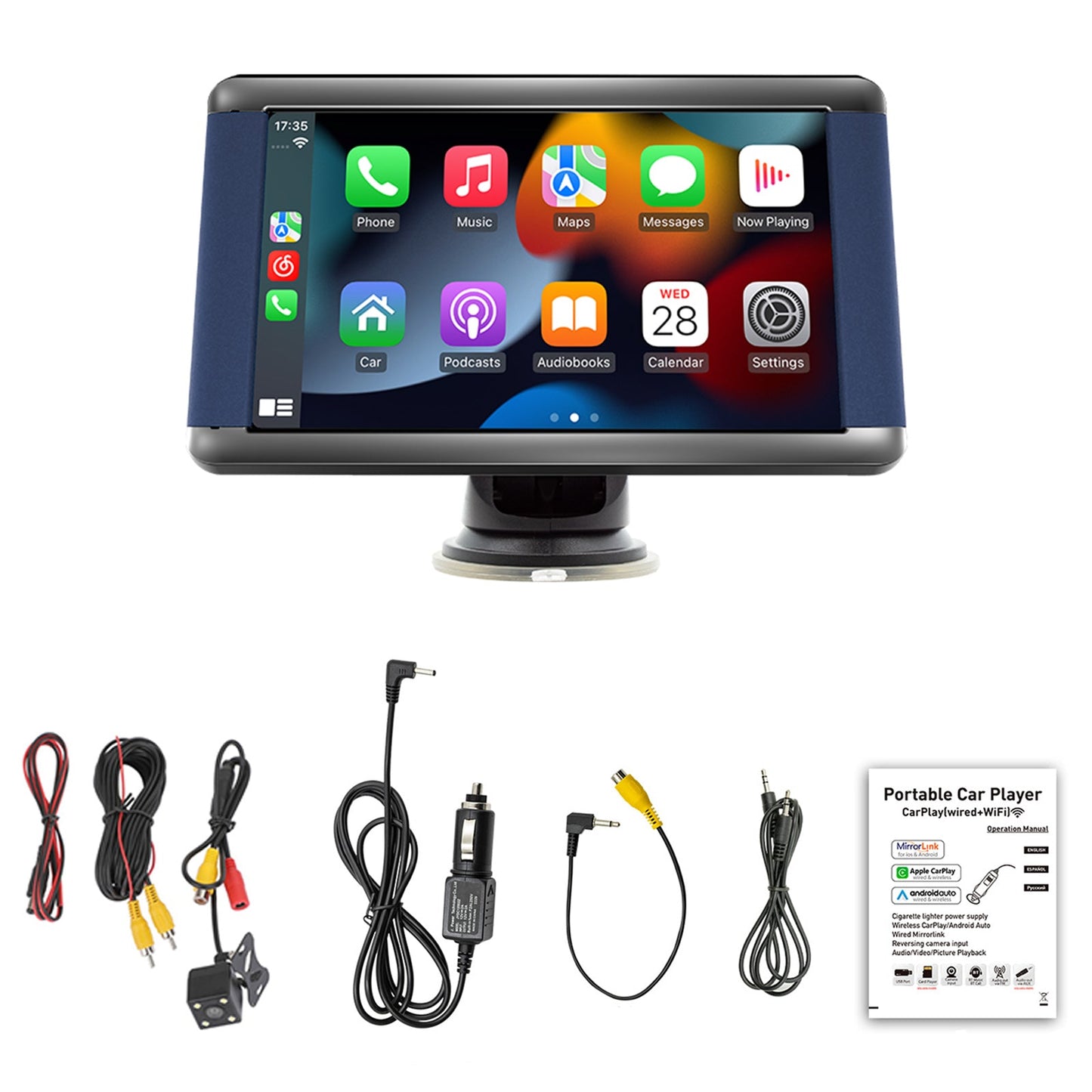Tragbarer 7-Zoll-Auto-MP5-Player, Bluetooth-Monitor, kabelloses Carplay + 4 LED-Kamera