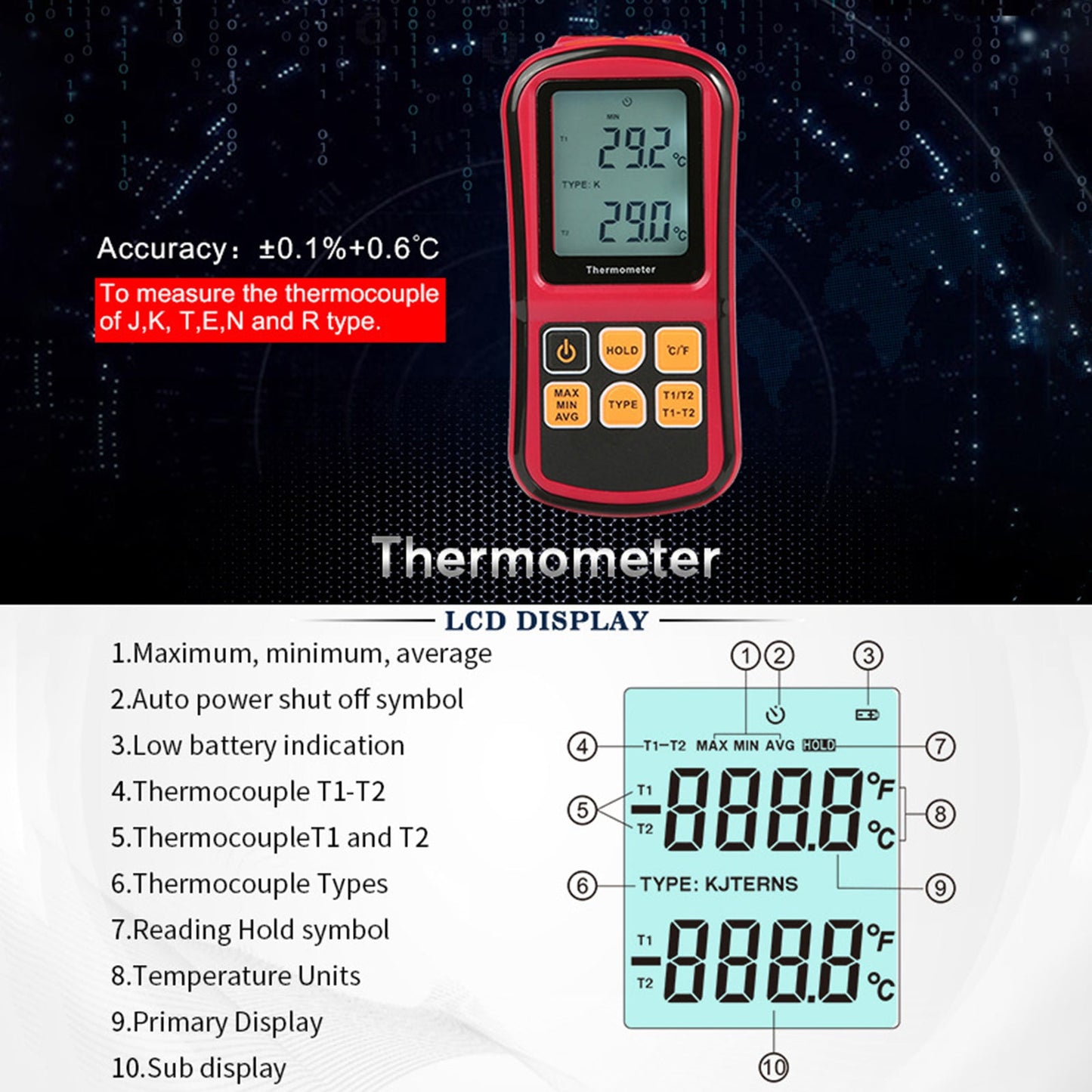 Thermomètre Thermomètre Numérique Température Double Canal Compteur Testeur LCD