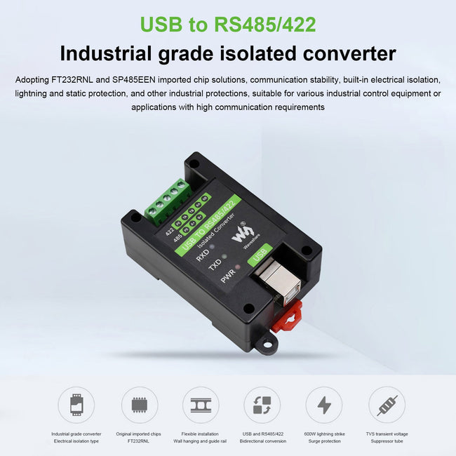 Isolierter Konverter in Industriequalität von USB zu RS485/RS422 mit Mehrfachschutzschaltungen